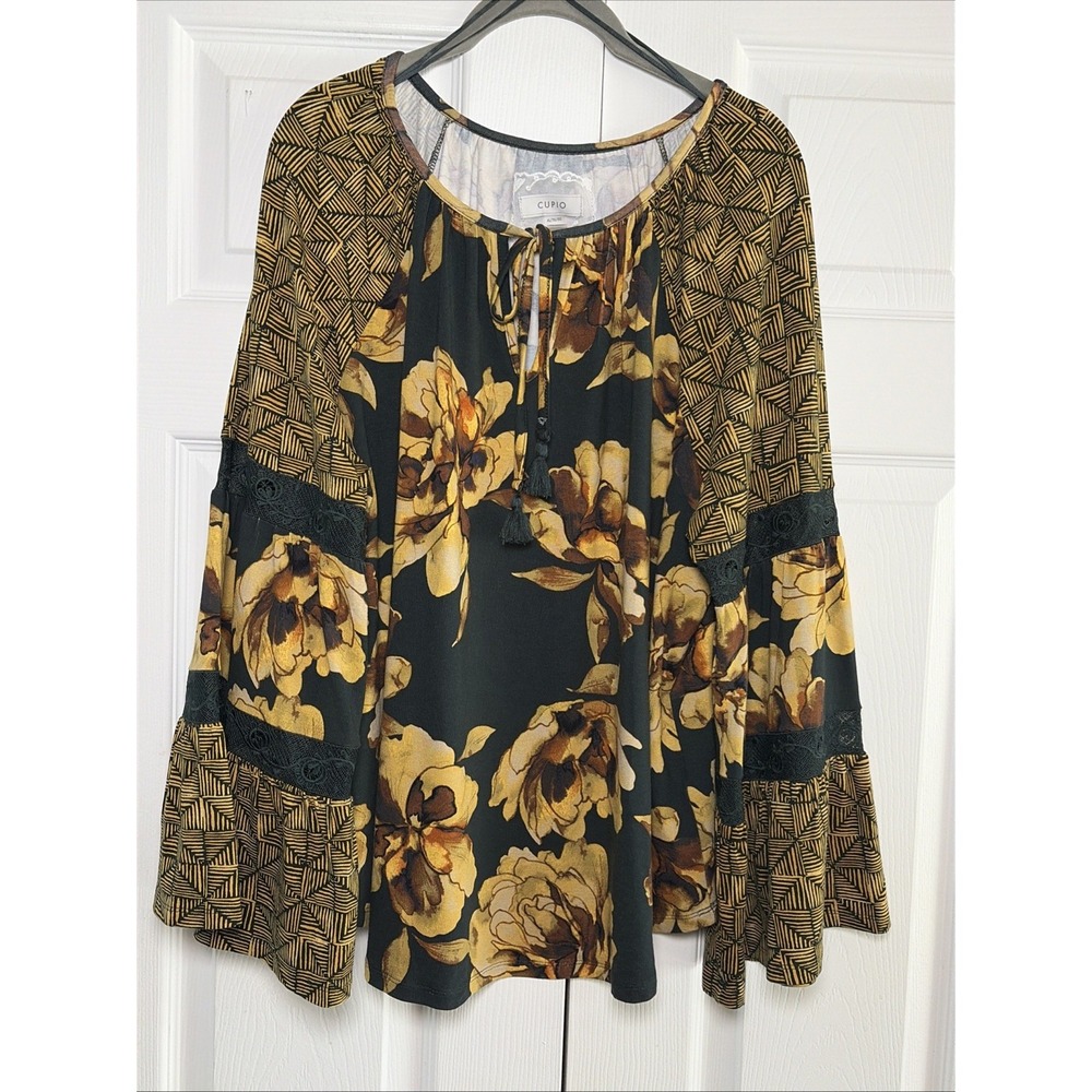 Cupio Floral Mixed Print Bell Sleeve Blouse Womens Black Gold Boho Top Size XL